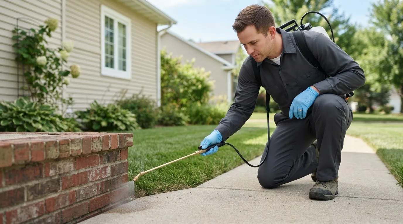 Pest control technician treating a home near Weedville, PA